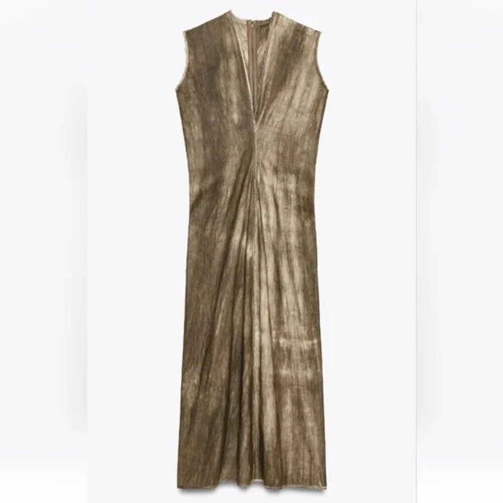 Zara Womens Dress L Green Tie Dye Cotton Blend Maxi Summer 8491/056 NWT - Picture 3 of 16